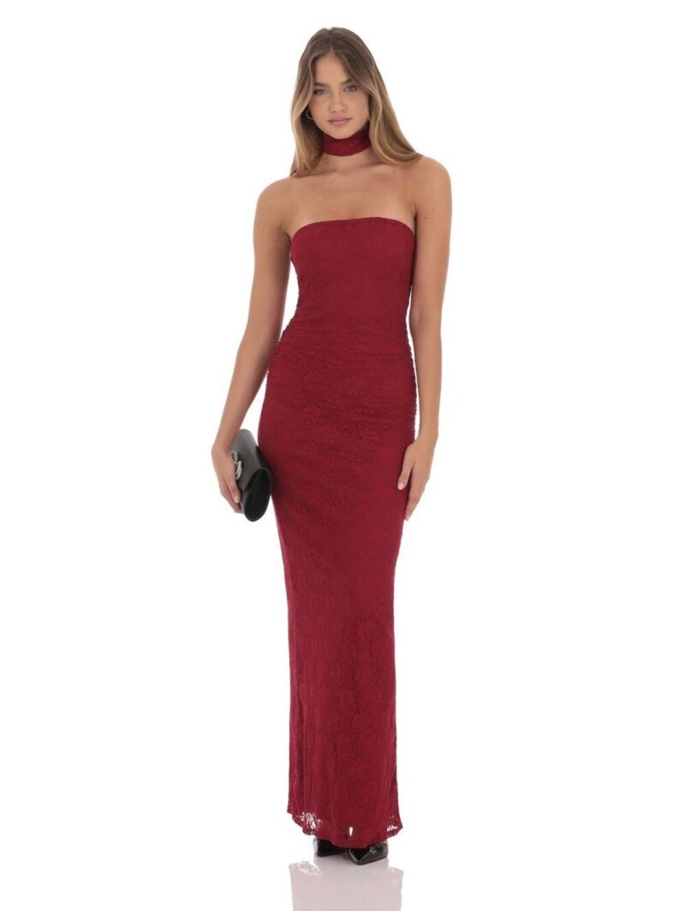 NWT Lucy in the Sky Red Lace Maxi Dress in Maroon Strapless Wedding Guest Formal